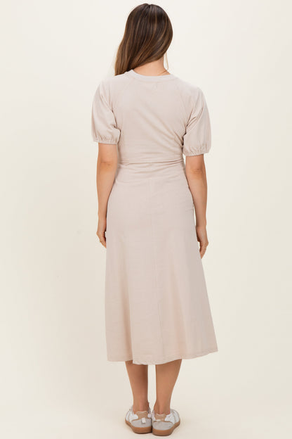 Beige Puff Sleeve Maternity Midi Dress