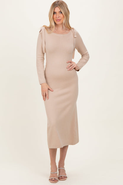 Beige Bow Shoulder Knit Dress