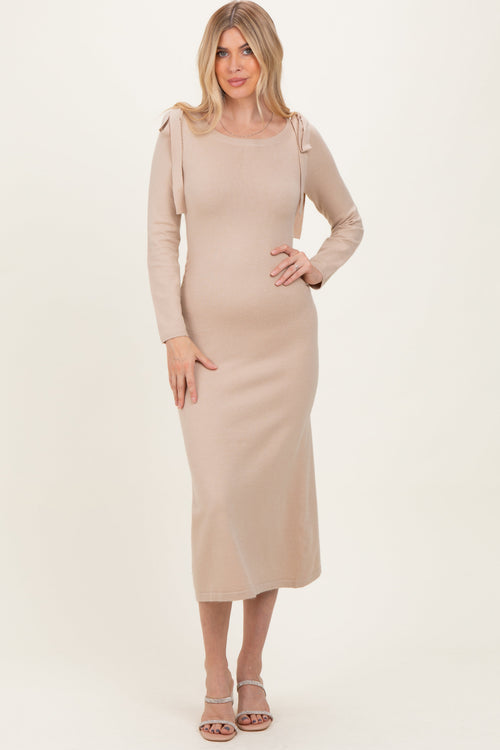 Beige Bow Shoulder Knit Dress