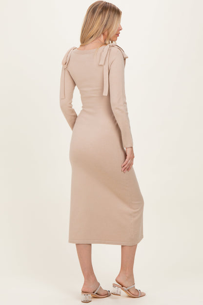 Beige Bow Shoulder Knit Dress