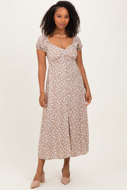 Beige Floral V-Neck Button Detail Midi Dress