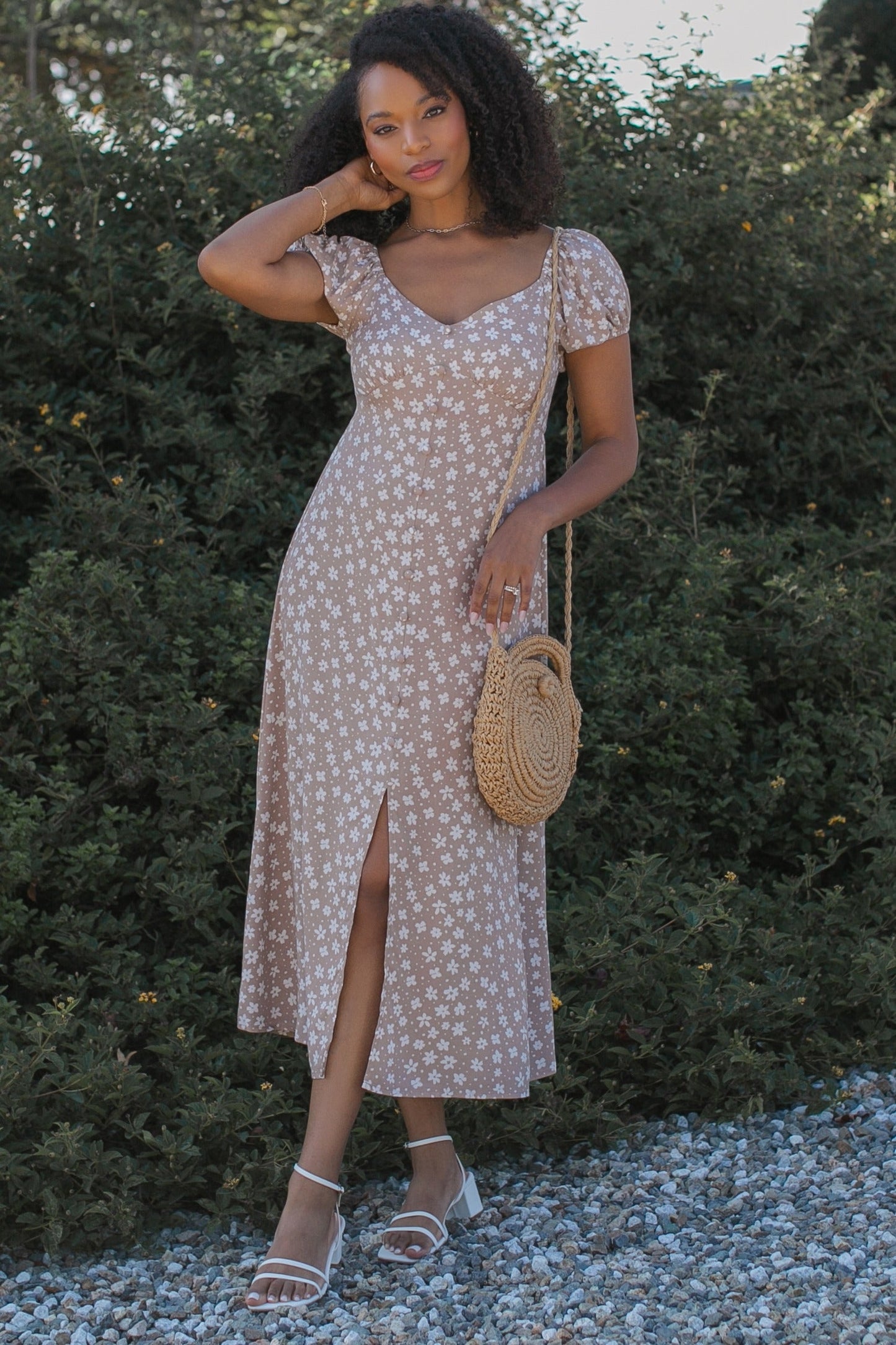 Beige Floral V-Neck Button Detail Midi Dress