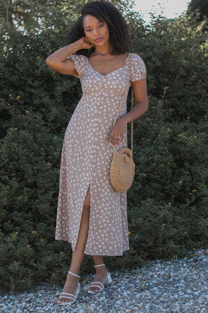Beige Floral V-Neck Button Detail Midi Dress