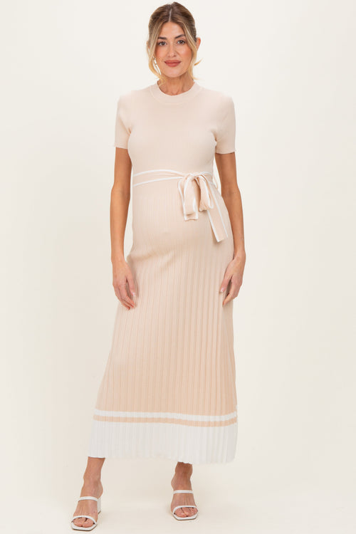Beige Knit Pleated Sash Tie Maternity Midi Dress