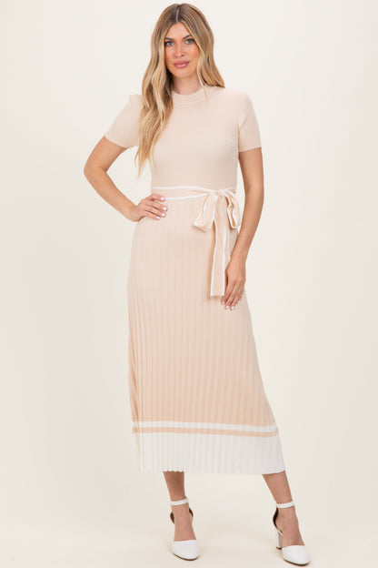 Beige Knit Pleated Sash Tie Midi Dress