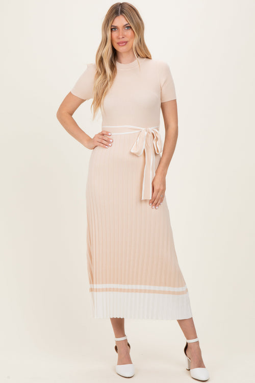 Beige Knit Pleated Sash Tie Midi Dress
