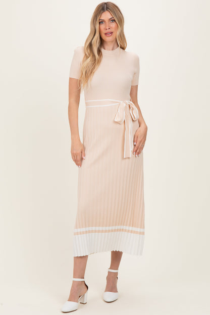 Beige Knit Pleated Sash Tie Midi Dress