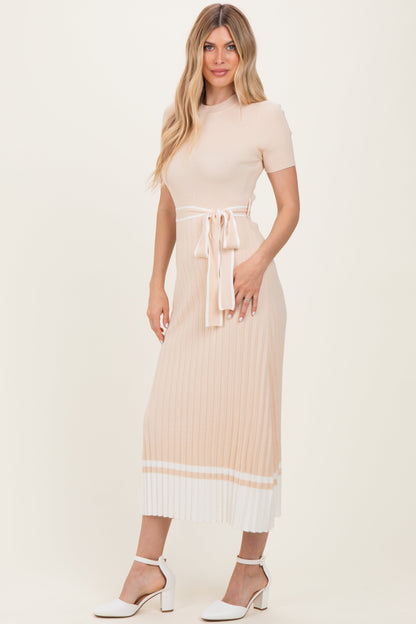 Beige Knit Pleated Sash Tie Midi Dress