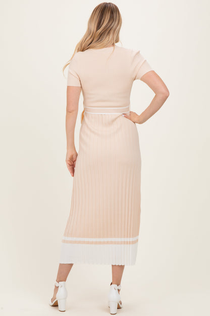Beige Knit Pleated Sash Tie Midi Dress