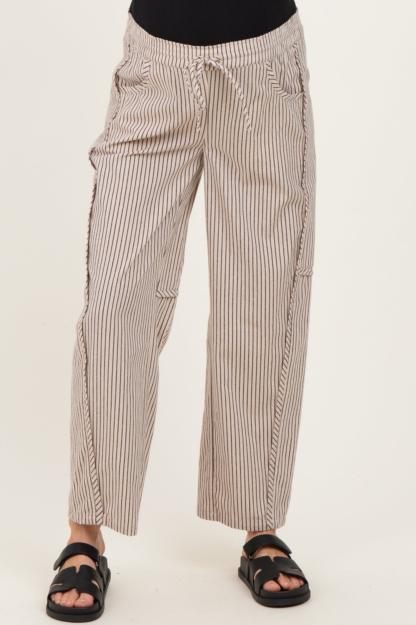 Beige Striped Barrel Maternity Pants