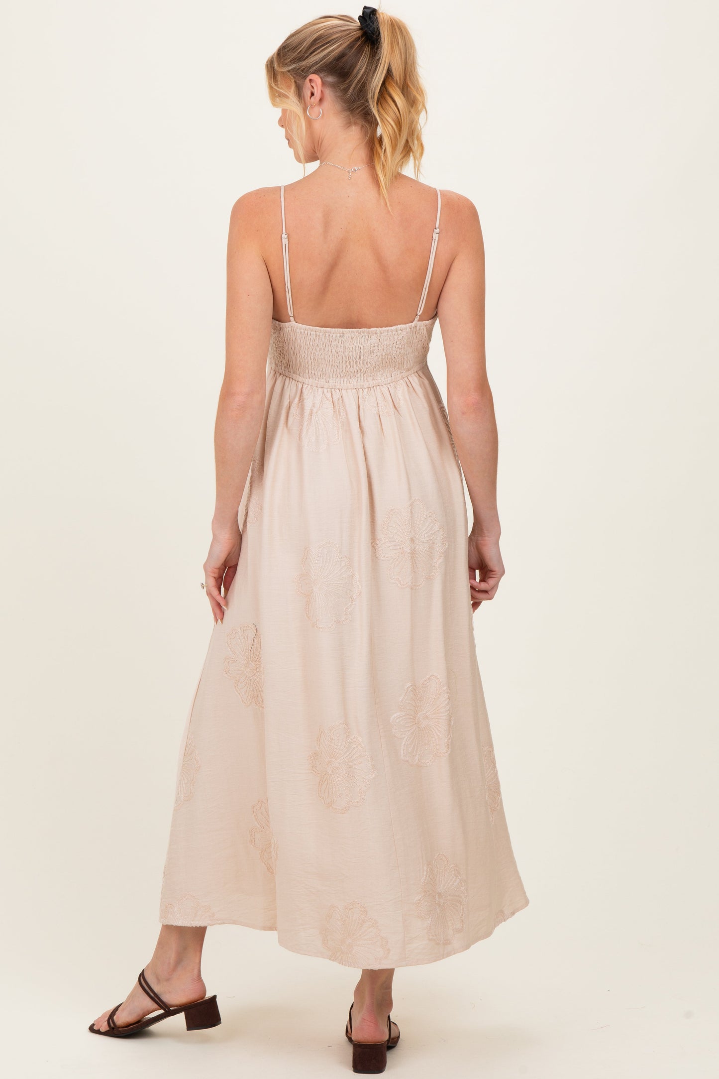Beige Flower Embroidered Maternity Midi Dress