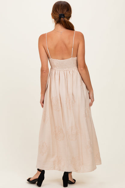 Beige Flower Embroidered Midi Dress