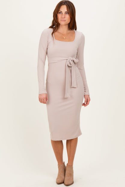 Beige Ribbed Long Sleeve Square Neck Tie Belt Midi Dress