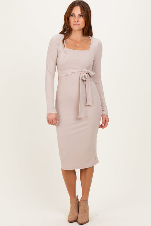Beige Ribbed Long Sleeve Square Neck Tie Belt Midi Dress