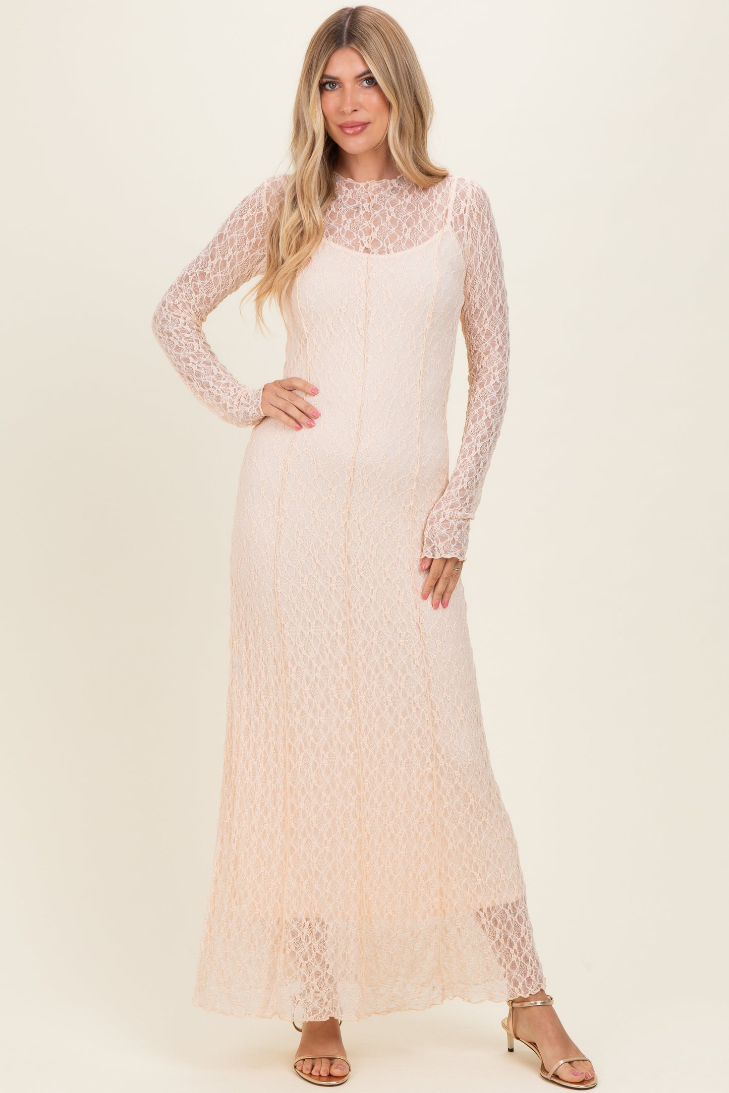 Beige Lace Mock Neck Long Sleeve Maternity Maxi Dress