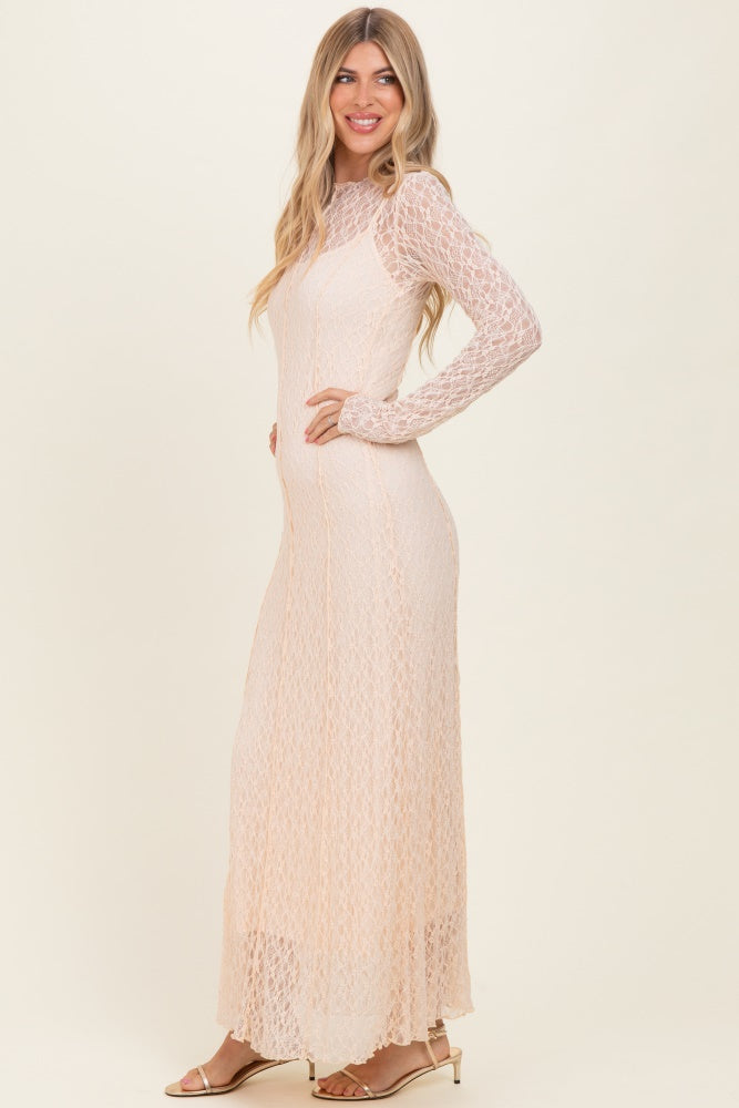 Beige Lace Mock Neck Long Sleeve Maxi Dress