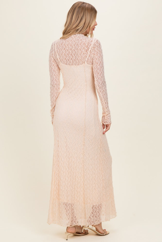 Beige Lace Mock Neck Long Sleeve Maxi Dress