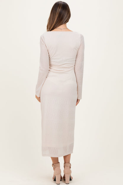 Beige Lace Jacquard Long Sleeve Maternity Midi Dress