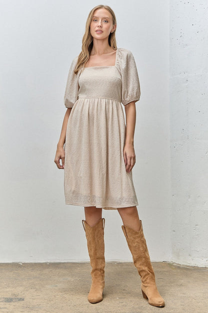 Beige Lace Jacquard Puff Sleeve Maternity Dress