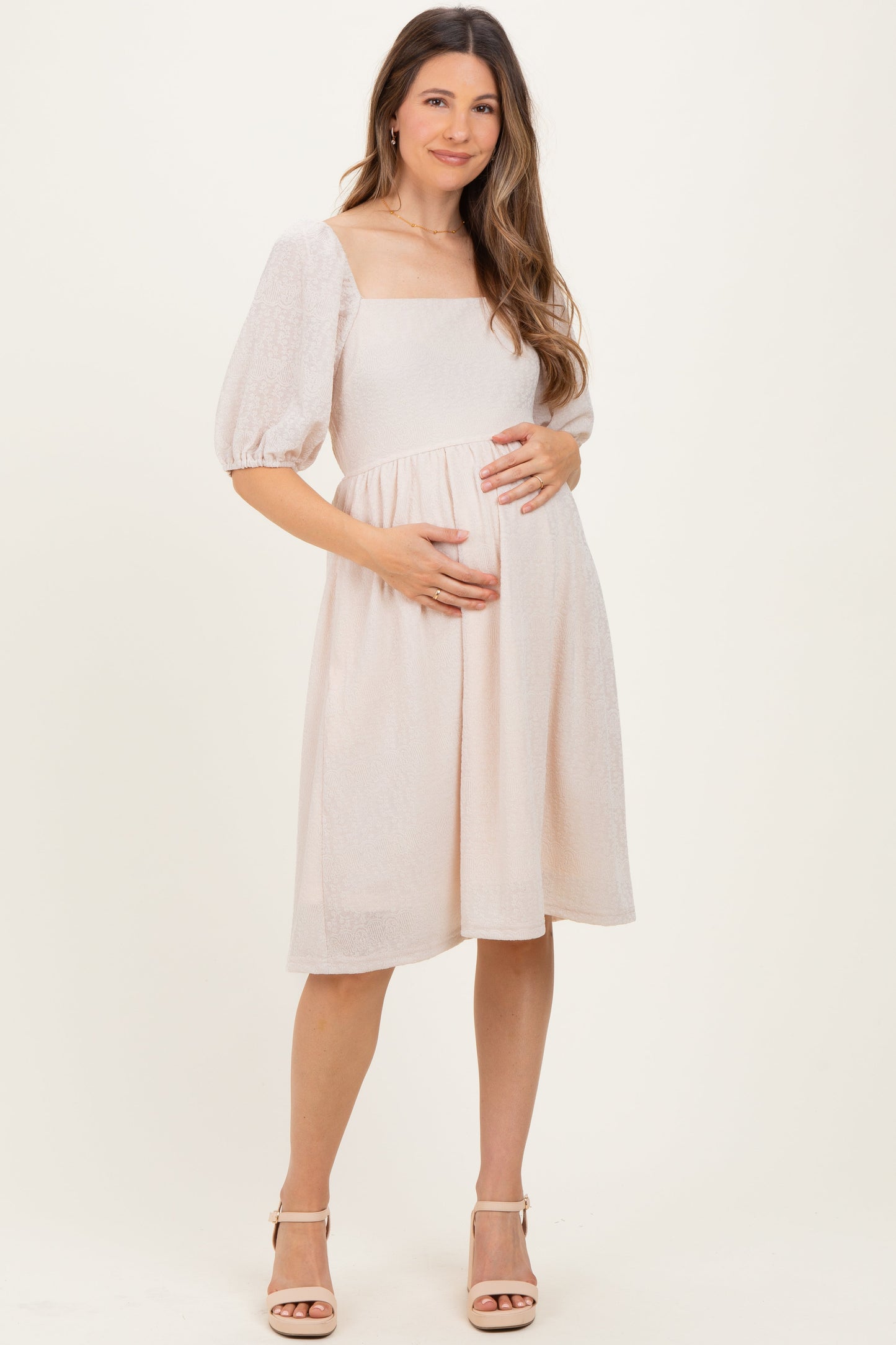 Beige Lace Jacquard Puff Sleeve Maternity Dress