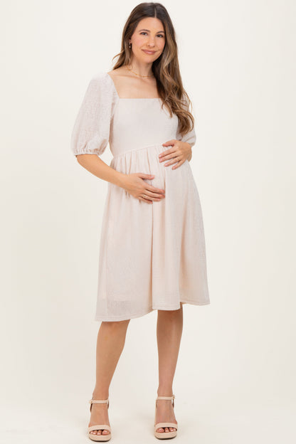 Beige Lace Jacquard Puff Sleeve Maternity Dress