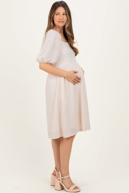 Beige Lace Jacquard Puff Sleeve Maternity Dress