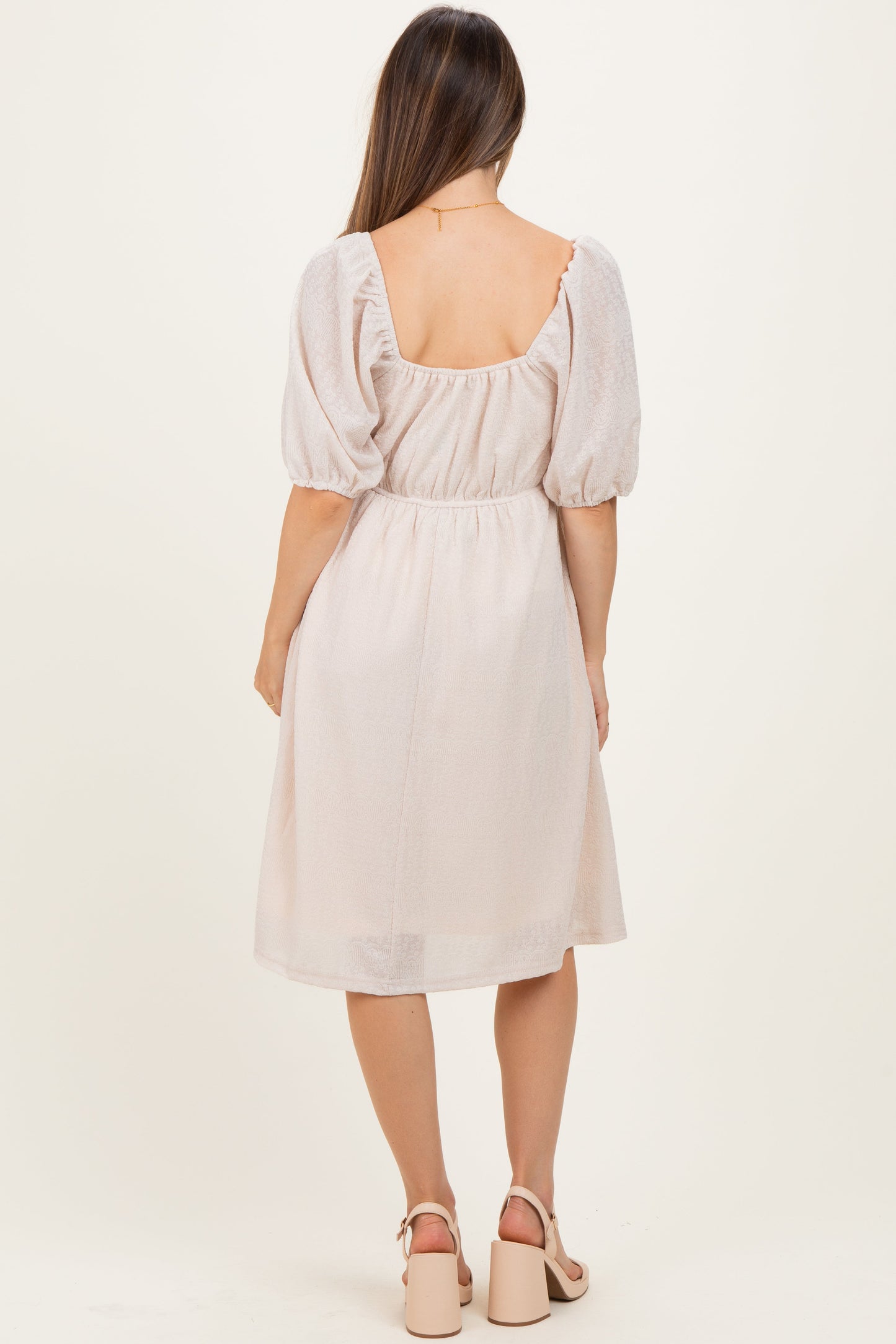 Beige Lace Jacquard Puff Sleeve Maternity Dress