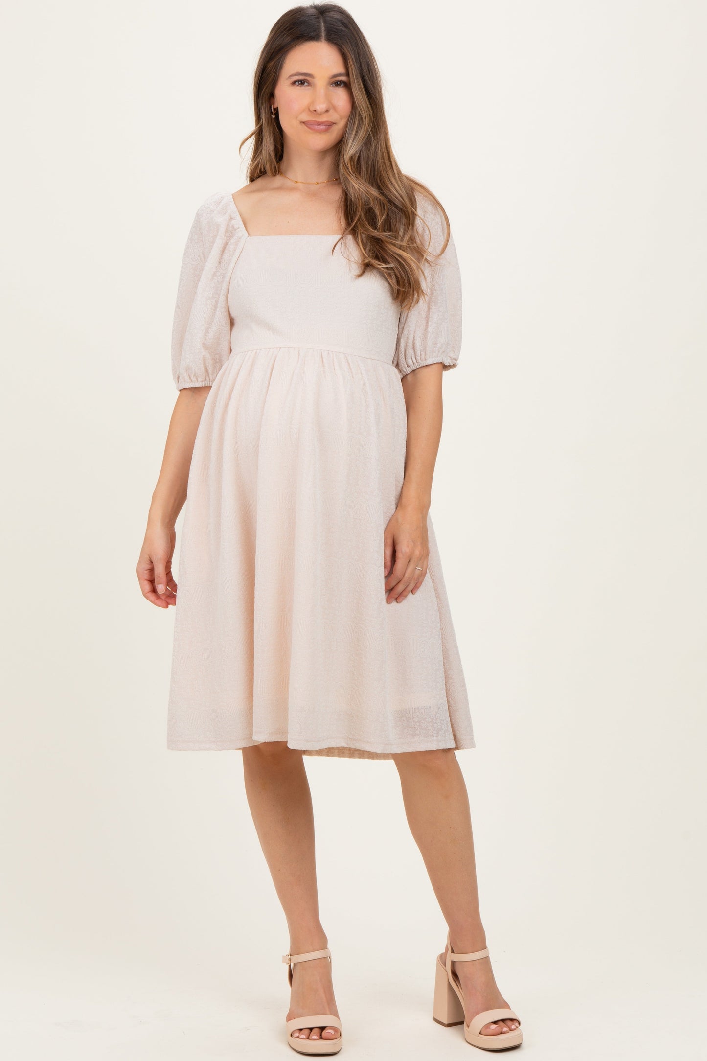 Beige Lace Jacquard Puff Sleeve Maternity Dress