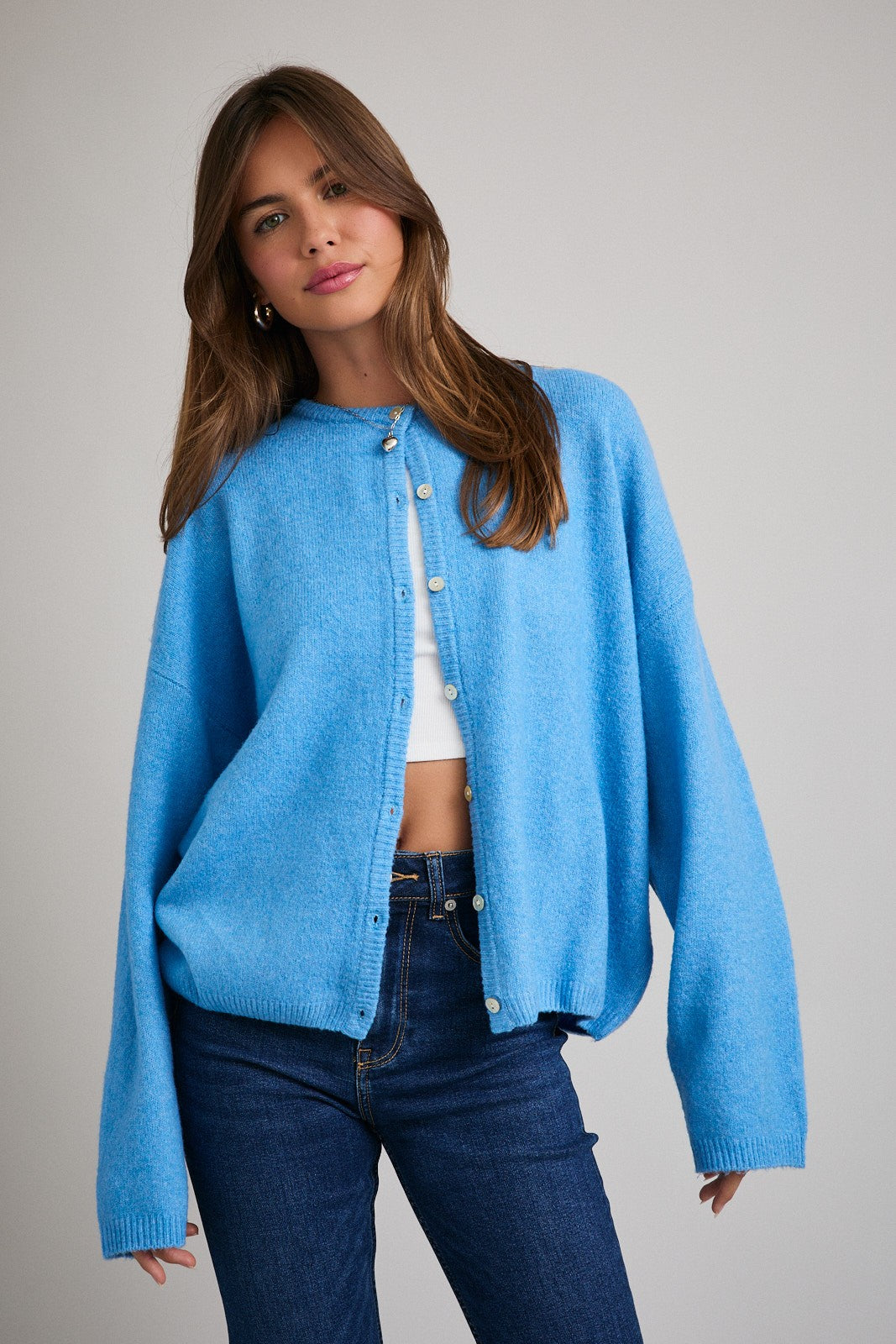Aqua Classic Crew Neck Button Cardigan