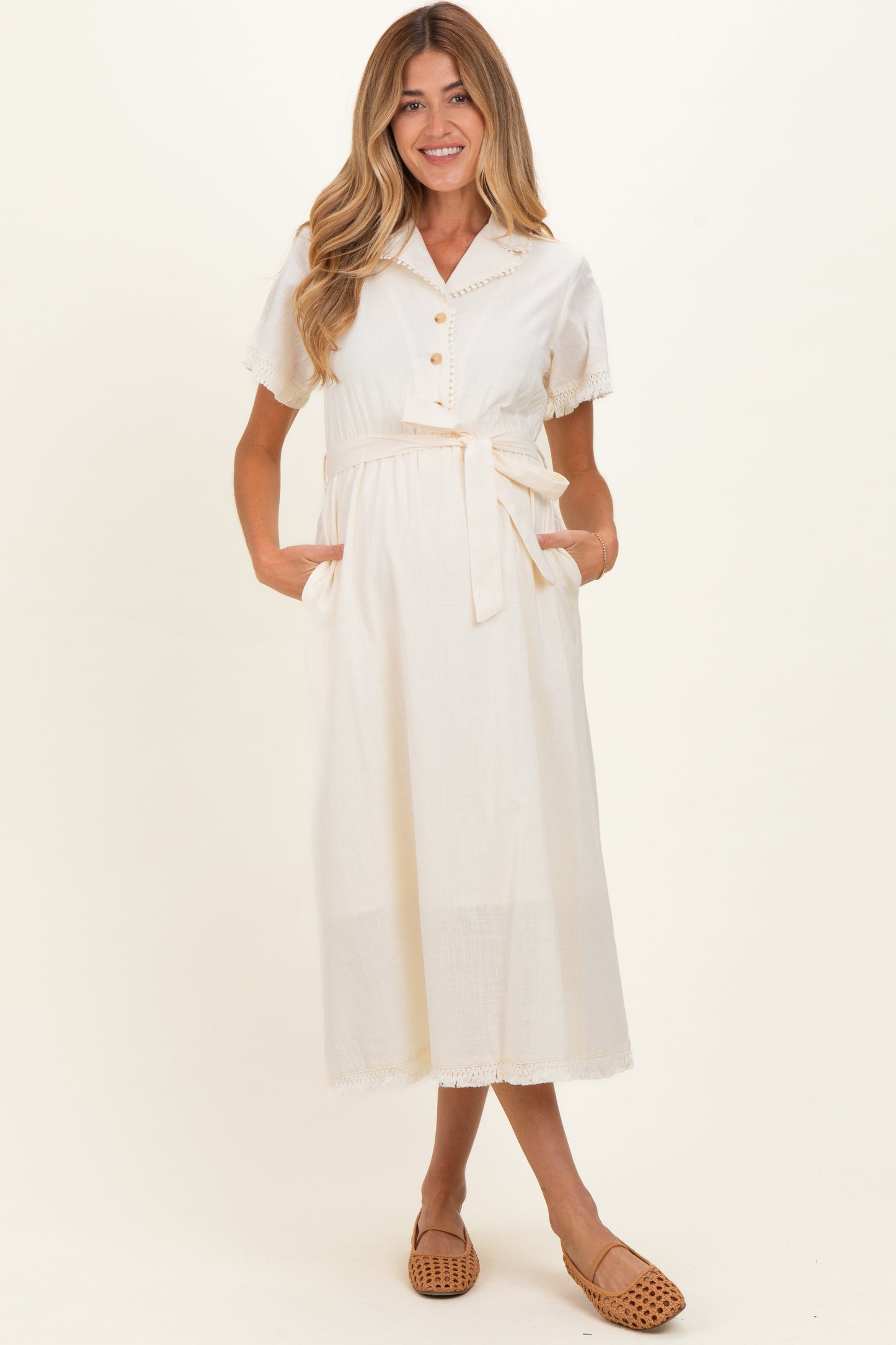 Beige Button Down Frayed Maternity Midi Dress