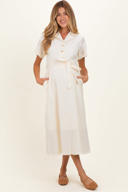 Beige Button Down Frayed Maternity Midi Dress