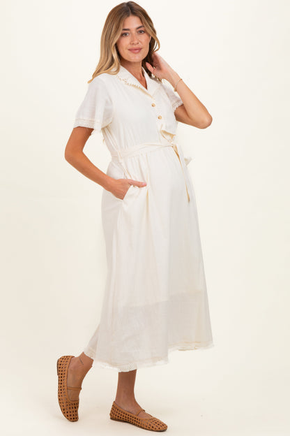 Beige Button Down Frayed Maternity Midi Dress