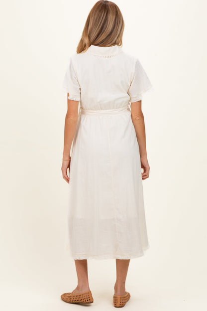 Beige Button Down Frayed Maternity Midi Dress
