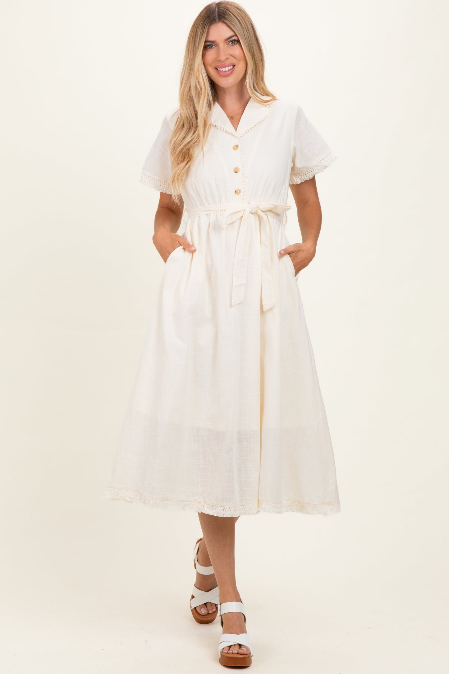 Beige Button Down Frayed Midi Dress