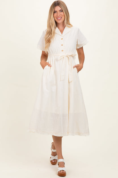 Beige Button Down Frayed Midi Dress
