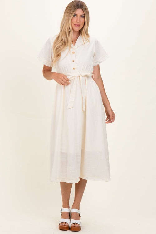 Beige Button Down Frayed Midi Dress