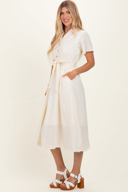 Beige Button Down Frayed Midi Dress