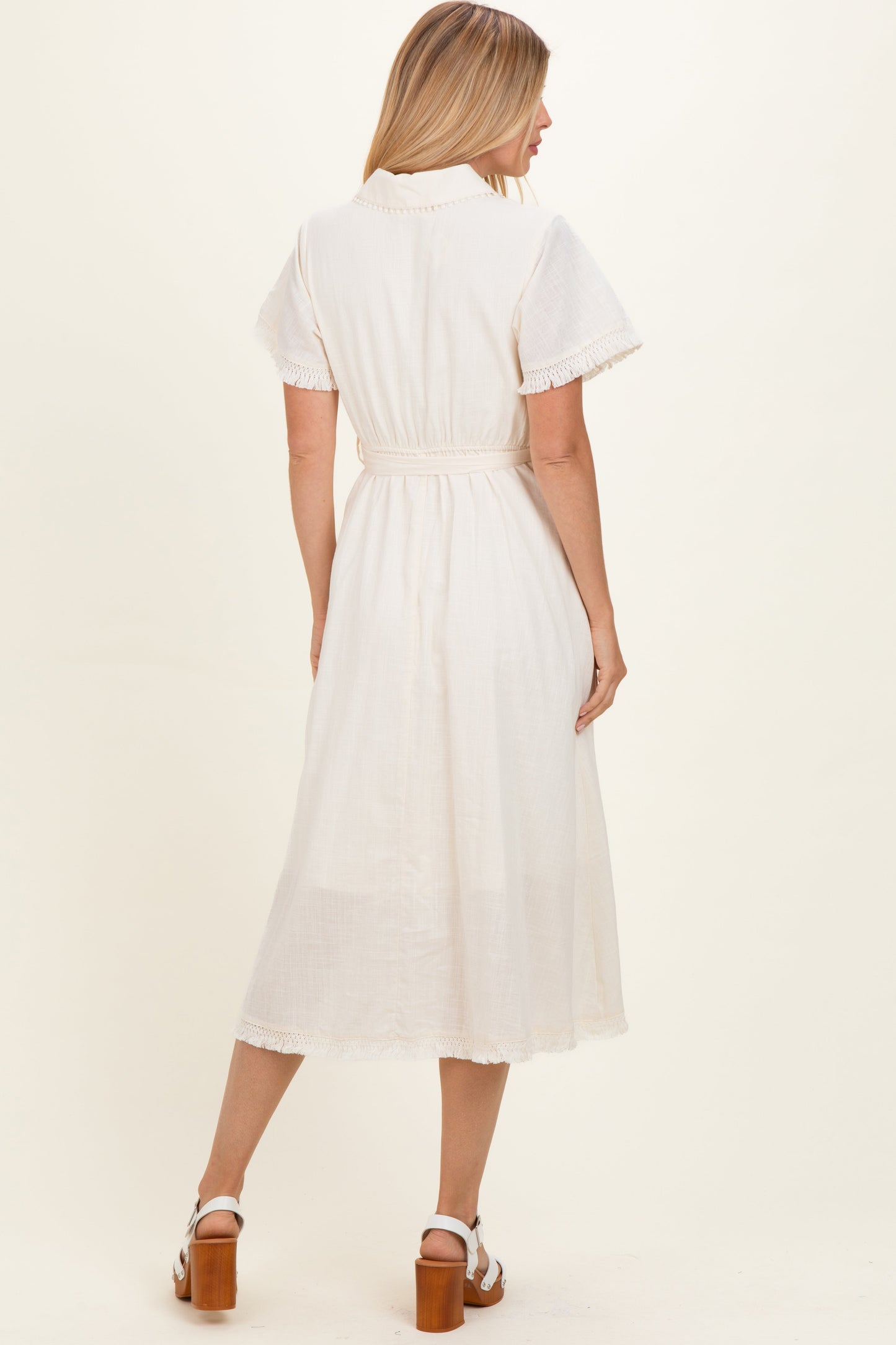 Beige Button Down Frayed Midi Dress