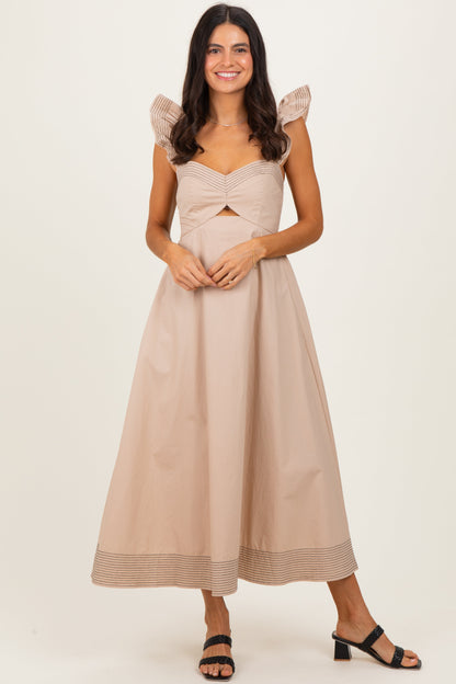 Beige Cutout Seam Detail Midi Dress