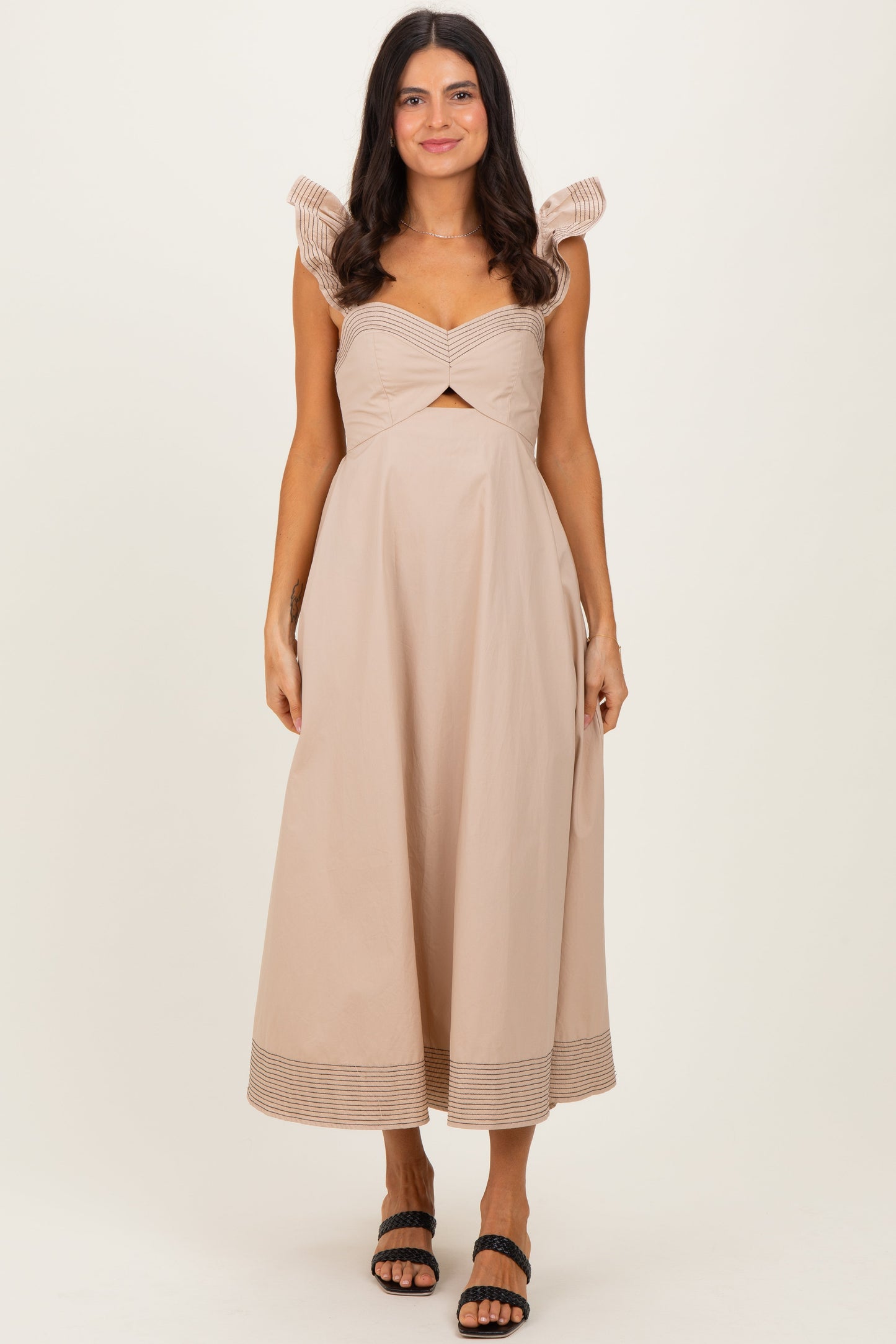 Beige Cutout Seam Detail Midi Dress