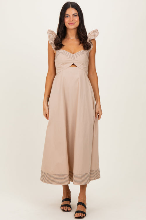Beige Cutout Seam Detail Midi Dress