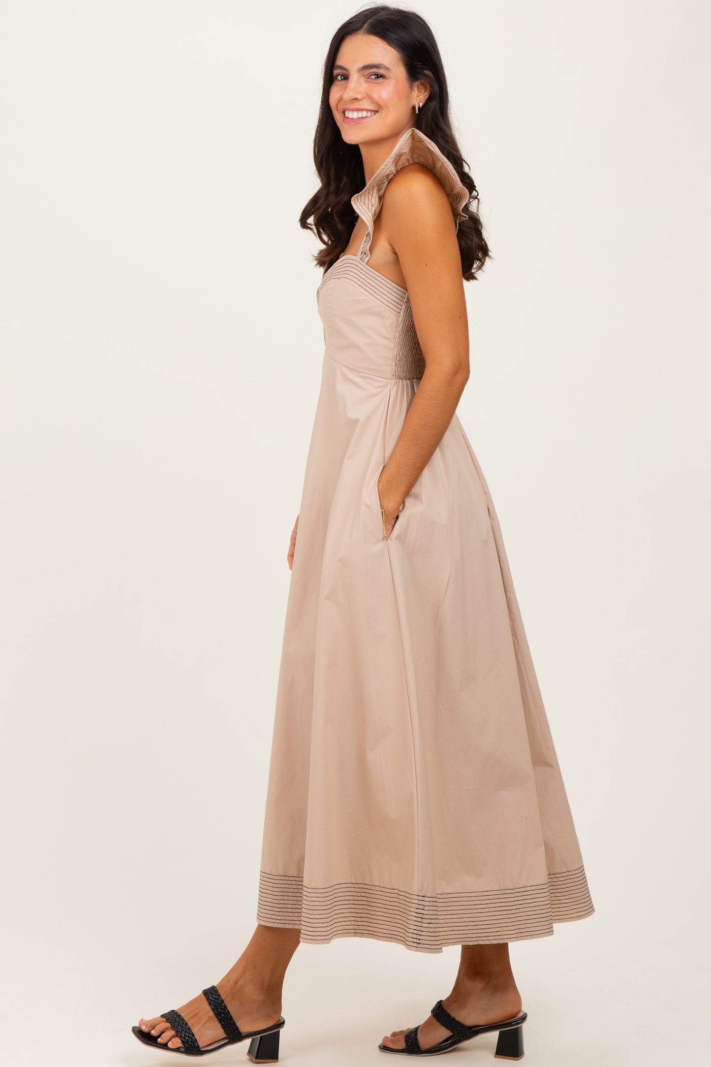 Beige Cutout Seam Detail Midi Dress