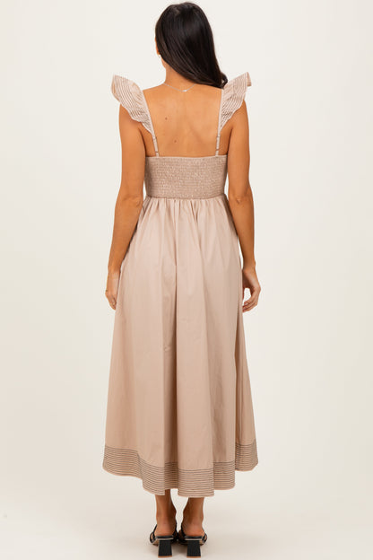Beige Cutout Seam Detail Midi Dress