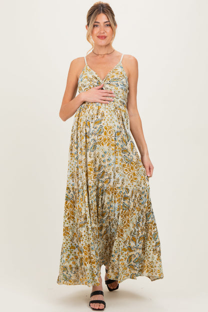 Beige Paisley Floral Twisted Front Maternity Maxi Dress