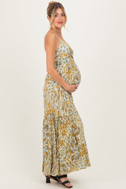 Beige Paisley Floral Twisted Front Maternity Maxi Dress