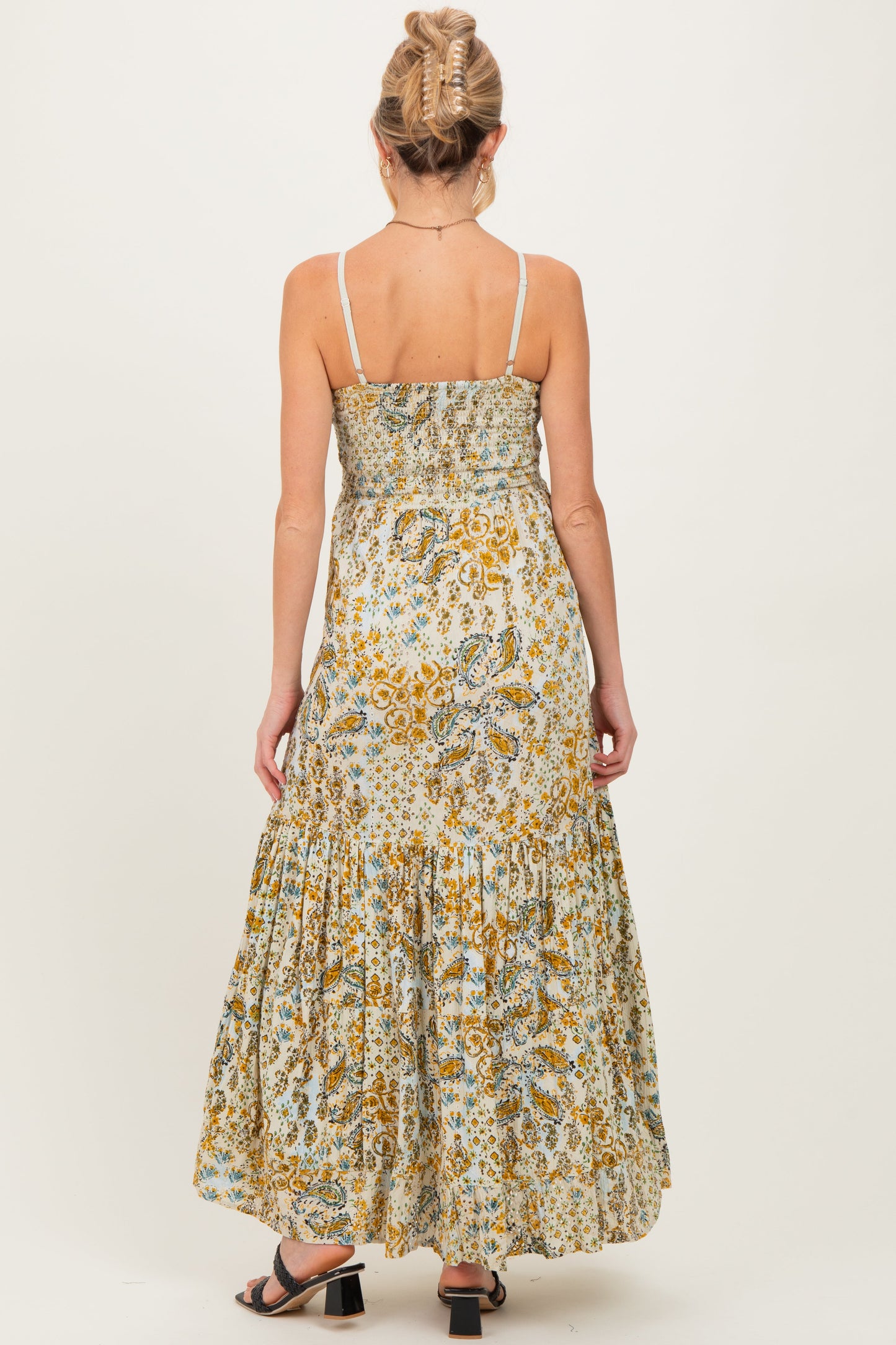 Beige Paisley Floral Twisted Front Maternity Maxi Dress