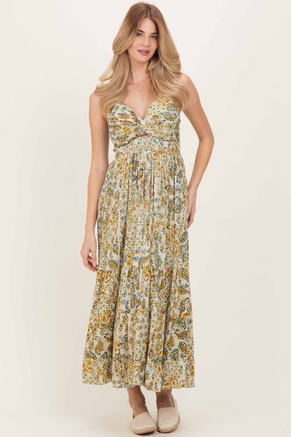 Beige Paisley Floral Twisted Front Maxi Dress