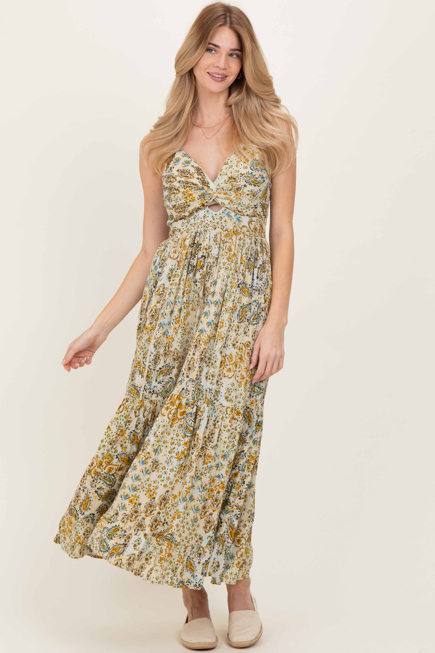 Beige Paisley Floral Twisted Front Maxi Dress