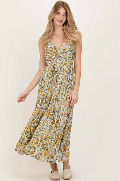 Beige Paisley Floral Twisted Front Maxi Dress