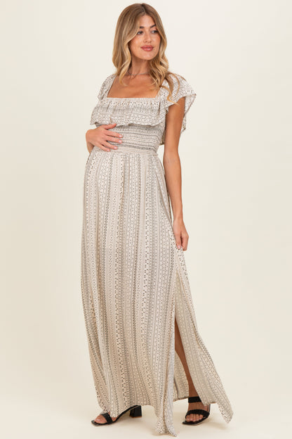 Beige Ruffle Off Shoulder Maternity Maxi Dress